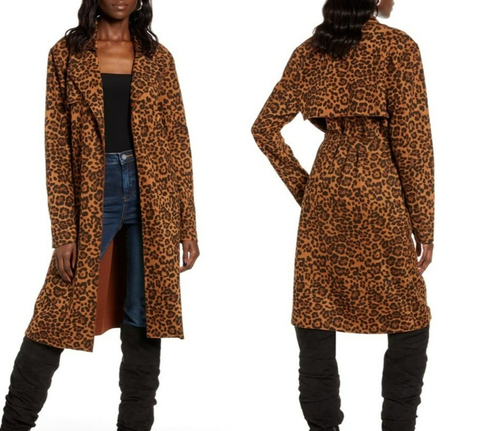 BlankNYC Leopard Print Trench Wrap Coat Womens Small Brown Belted Outwear NEW